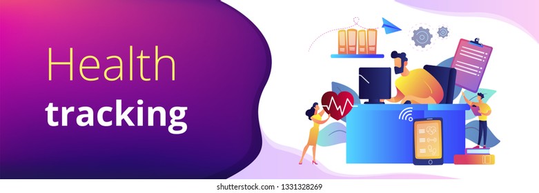 Businessman working at smart desk controlling his heart rate and position change. IOT office desk, health tracking, working activity place concept. Header or footer banner template with copy space.