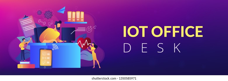 Businessman working at smart desk controlling his heart rate and position change. IOT office desk, health tracking, working activity place concept. Header or footer banner template with copy space.