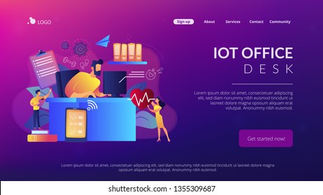 Businessman working at smart desk controlling his heart rate and position change. IOT office desk, health tracking, working activity place concept. Website vibrant violet landing web page template.