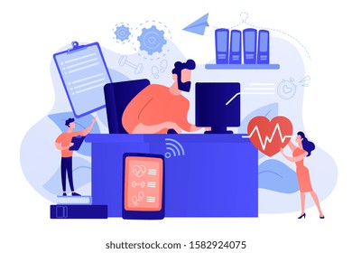 Businessman working at smart desk controlling his heart rate and position change. IOT office desk, health tracking, working activity place concept. Pinkish coral bluevector isolated illustration