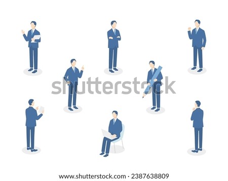 Businessman working. Smartphone and computer work. Thinking, inspiration, motivation. Isometric illustration set.