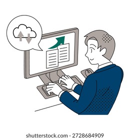 Empresário Trabalhando Sem Problemas com Sincronização de Arquivos na Nuvem na Ilustração de Computador do Office