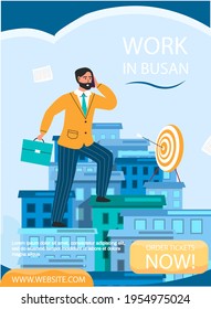 Businessman working in South Korea. Man holding bag and talking on phone in Busan modern big city