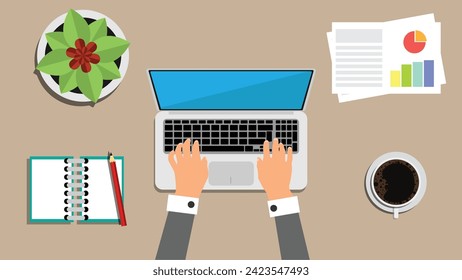 Geschäftsmann arbeitet am Tisch mit Computer- und Geschäftsdokumentübersicht. Business machen und von zu Hause aus arbeiten