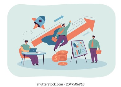 Geschäftsmann, der am Tisch arbeitet und wie Superheld fliegt. Mann präsentiert Ideen oder Innovation, und wird führend flache Vektorgrafik. Startup, Karrierewachstum, Unternehmertum, Innovationskonzept