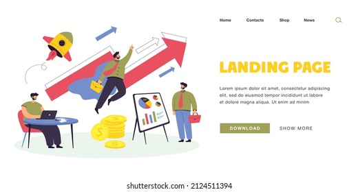 Geschäftsmann, der am Tisch arbeitet und wie Superheld fliegt. Mann präsentiert Ideen oder Innovation, und wird führend flache Vektorgrafik. Startup, Karrierewachstum, Unternehmertum, Innovationskonzept