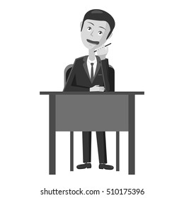 Businessman working at table icon. Gray monochrome illustration of businessman working at table vector icon for web