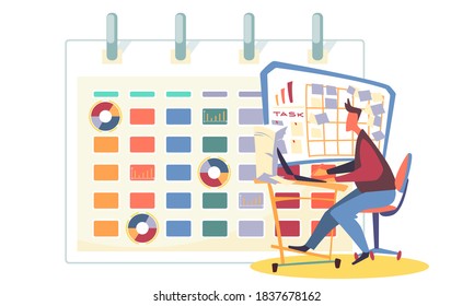 Businessman is working at a table using laptop, student doing homework, studying, works online. Freelancer near big calendar, writing article, doing tasks, scientific work, flat vector illustration