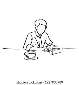 businessman working with tablet on his desk vector illustration sketch doodle hand drawn with black lines isolated on white background
