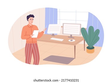 Empresario trabajando con tablet pc en el trabajo de oficina. Marketer, analista de negocios, gerente de pie frente a monitores de computadora analizando datos y planificando estrategia de negocio vector plano
