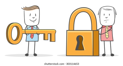 Businessman working team to unlock by using the key