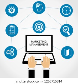 Businessman working they are using laptop. Marketing management. Flat vector concept.
