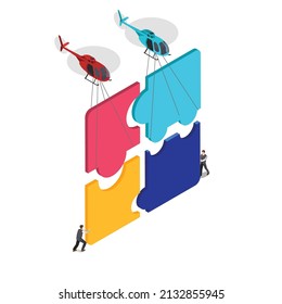 Businessman working together solving a huge puzzle isometric 3d vector concept for banner, website, illustration, landing page, flyer, etc.