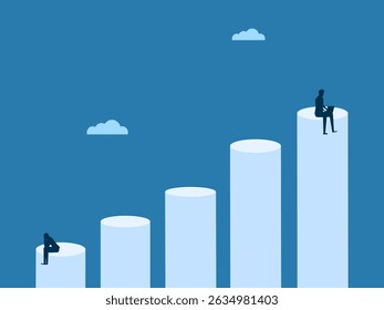 Businessman working at the top of the bar chart with sad people at the bottom