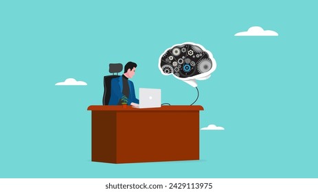 businessman working using laptop with AI brain at work desk concept vector illustration, artificial intelligence with future of the work, work with AI technology