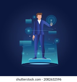 Businessman working using virtual augmented reality glasses vector illustration background.