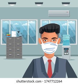 businessman working and wearing medical mask vector illustration design