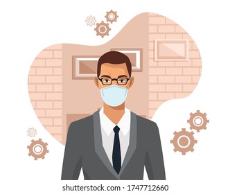 businessman working and wearing medical mask vector illustration design