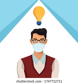 businessman working and wearing medical mask vector illustration design