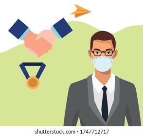 businessman working and wearing medical mask vector illustration design