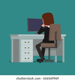 Businessman working while sitting at the computer. vector illustration of a flat style design