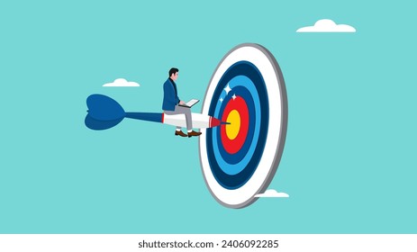 businessman working while sitting on a dart stuck in a target board. work on business objective. motivation to achieve goal. focus on business, business objective and strategy concept 