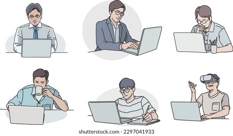 A businessman working while watching a laptop, a man working while drinking coffee, a man talking while watching VR