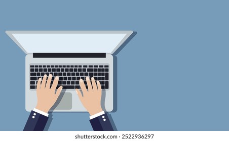 Businessman working a white laptop. Hand on notebook keyboard with blank screen monitor. Vector illustration in flat design for business concept with copy space.