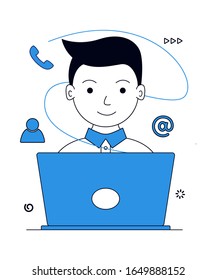 Businessman working at workplace. Young man work on the laptop. vector illustration