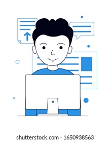 Businessman working at workplace. Young man work on the computer. vector illustration