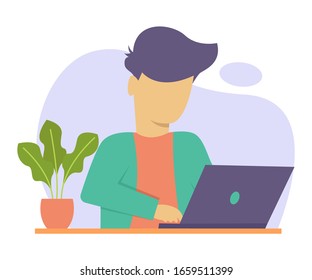 Businessman working at workplace. Young man work on the computer. vector illustration