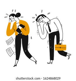 Businessman and workmate are walk crying after losing. Hand drawn doodle style vector design illustrations.