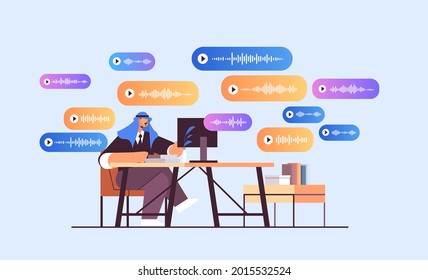 businessman at workplace communicate in instant messengers by voice messages audio chat application social media