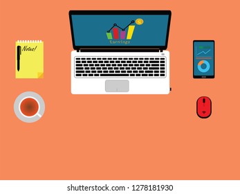 Businessman Workplace Desk, Working Laptop Flat Vector Illustration Business Man Top Angle Above View Office.