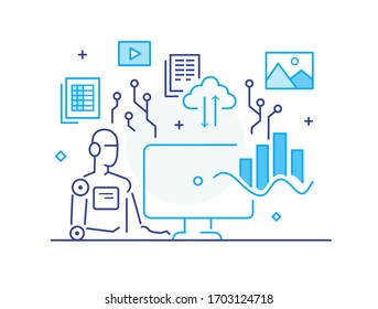 Businessman at workplace interface of monitor. Workflow, growth, graphics. Business development, milestones, start-up. linear illustration Icons infographics. Landing page site print poster. Eps