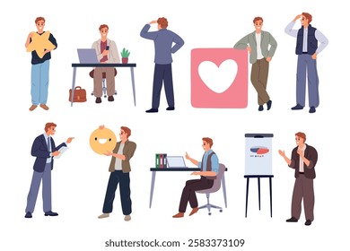 Businessman at workplace. Male character. Cartoon guy in office clothes. Different actions and poses. Emotion expressions. Formal wear. Employee standing or sitting at computer desk. Garish vector set