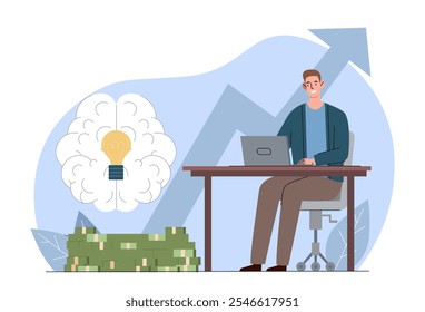 Businessman at workplace. Man with laptop sits near growing arrow. Worker with money. Financial literacy and passive income, accounting and budgeting. Flat vector illustration