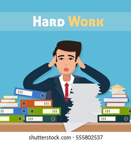Businessman in workplace in office. Deadline. Hard work with many office papers and documents. Flat style vector illustration.