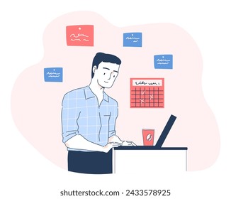 Businessman at workplace simple. Man stands with laptop near notes and memo. Time management and organization of efficient work process. Motivation and leadership. Linear flat vector illustraton