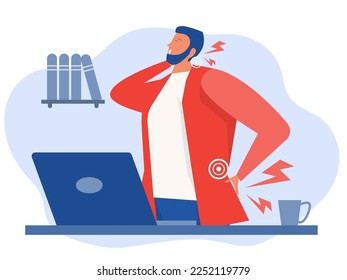 businessman at workplace suffering from  Neck Pain ,Muscle pain point,with office syndrome Flat vector illustration.