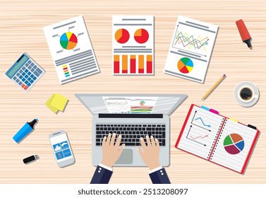 Empresário de trabalho de mesa de madeira. Notebook para as mãos. Mesa com xícara de café, smartphone, documentos financeiros, caneta, calculadora, notas adesivas. ilustração vetorial em design plano