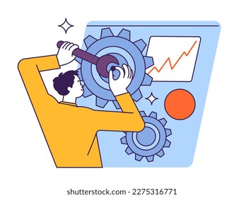 Businessman works and adjusts the mechanism regulates the business process