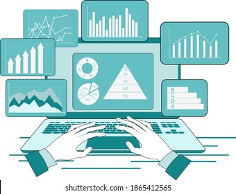 A businessman works with Analytics.A businessman studies an infographic on a computer screen.The concept of teamwork and data accounting.Business and project financing.Isometric vector illustration.