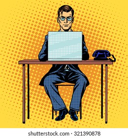 Businessman works behind laptop retro style pop art