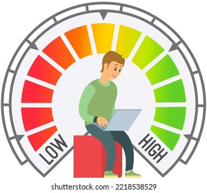 Businessman Works With Computer Near Scale From Low To High. Software Developer Measures Speed, Earn In Internet, Success. Concept Of Quality And Speed Test Of Work, Indicators Of Gradation Of Profit