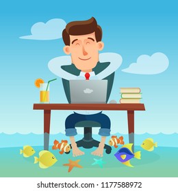 Businessman works with computer and relax on the sea. Business vector illustration. Best workplace concept.