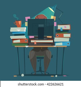 Businessman works hard at an office. Vector illustration.  