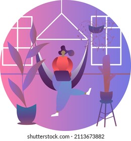 A businessman works in a home office in a modern ecologically clean place with plants and flowers. A room with a biophilic design, an environmentally friendly workspace. Bright Very Peri vector isolat