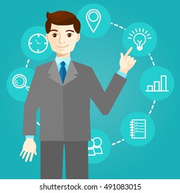 Businessman works with icons and new technologies vector illustration
