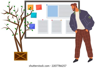 Businessman works with improvement diagrams and charts. Business process management, behavior visualization, marketing analysis concept. Business strategy plan concept idea on paper sticker on board